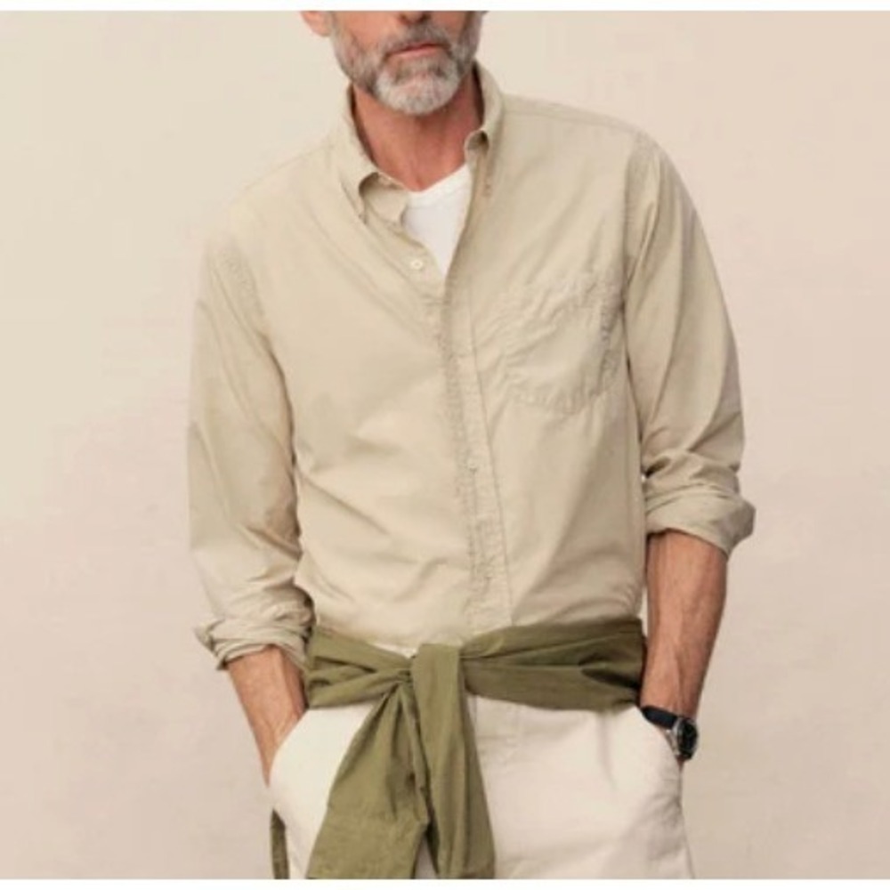 Buck Mason Mens L Skyline Poplin One Pocket Button Down Shirt Riversand Beige